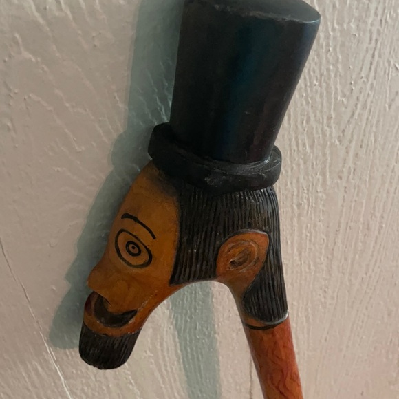 Vintage hand carved wooden cane 45” height bearded man with top hat